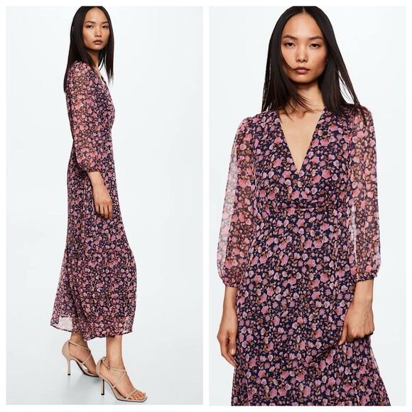 MNG By Mango V-Neck Maxi Dress Sz 4 XS Chiffon Floral Print 3/4 Sleeve - Picture 2 of 12